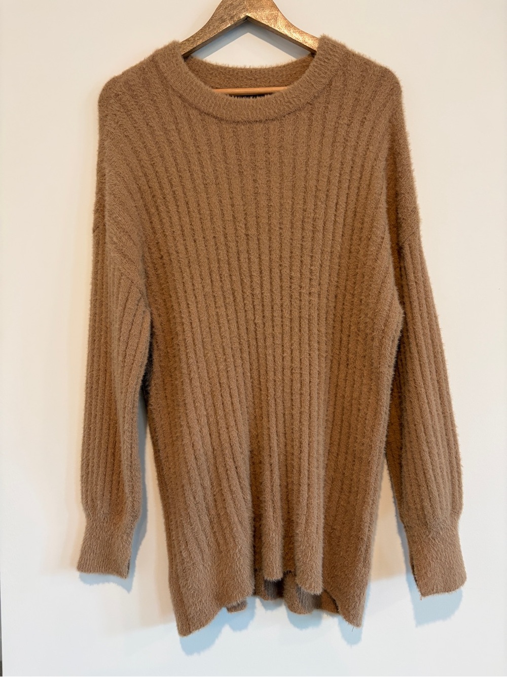 Aerie Oversized Ribbed Knit Crew Neck Tunic Sweater Size Small S/P Camel Tan